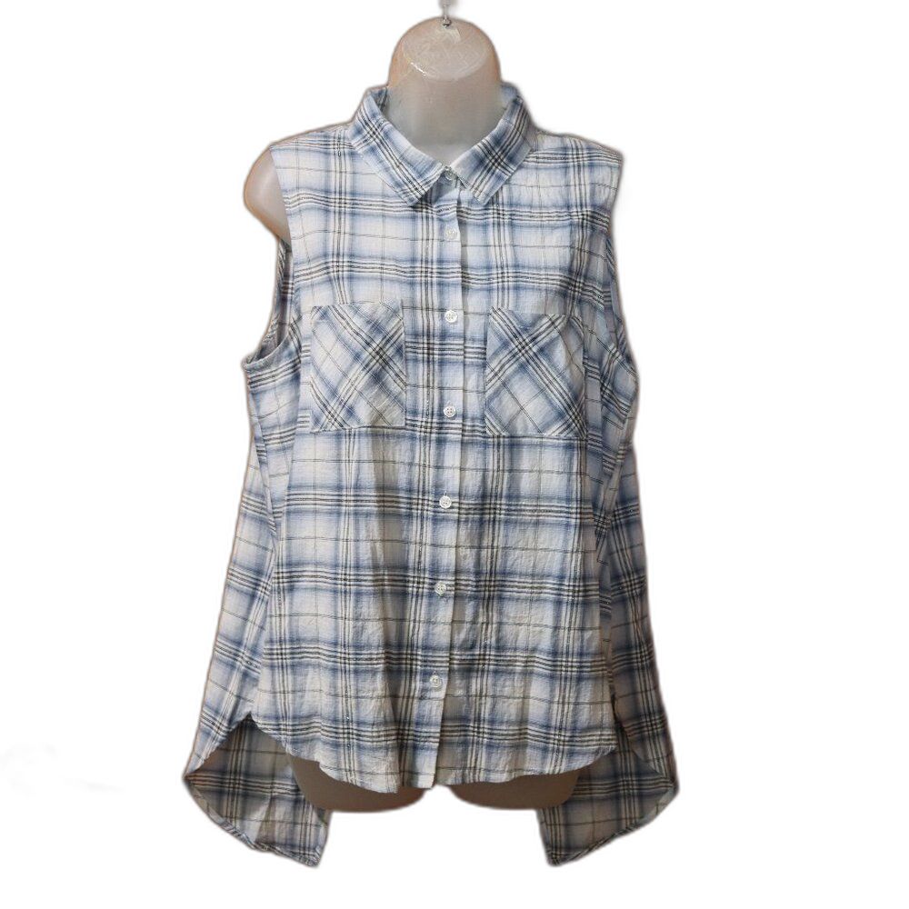 Ya Los Angeles Blue White Tan Plaid Sleeveless Button-Up Top L Nwt